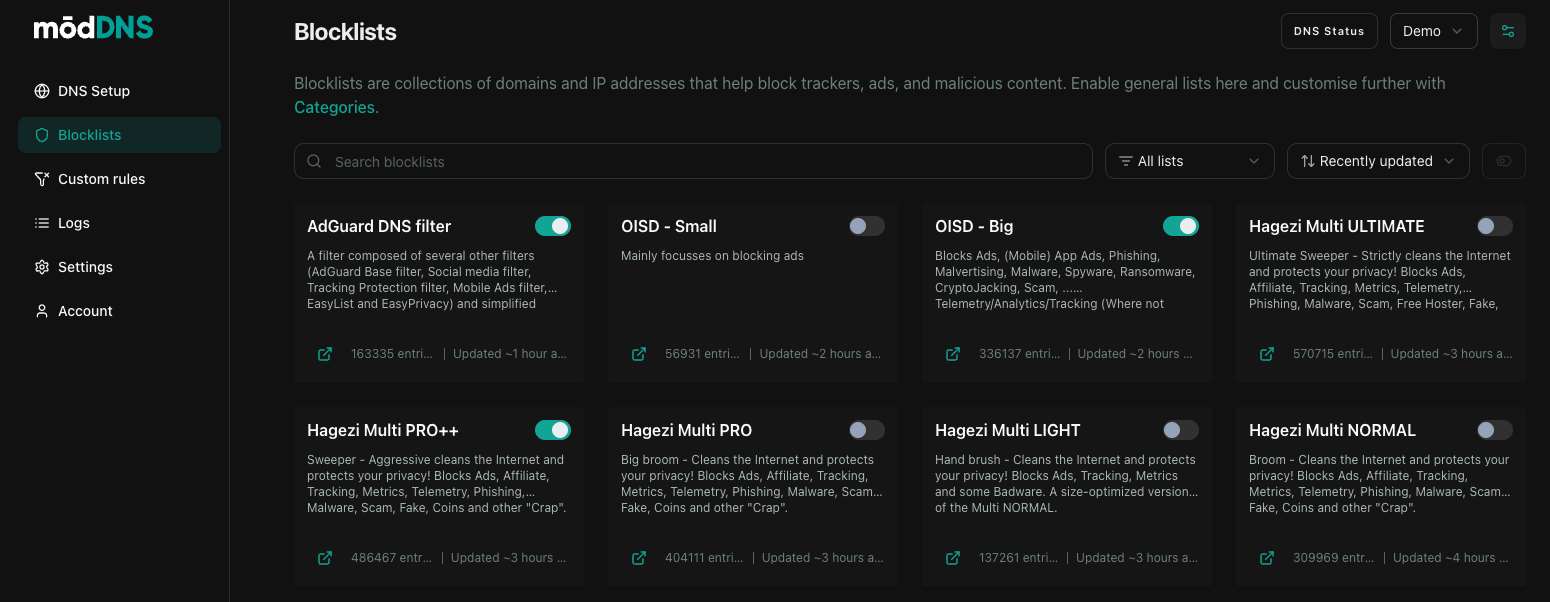 modDNS blocklists dashboard