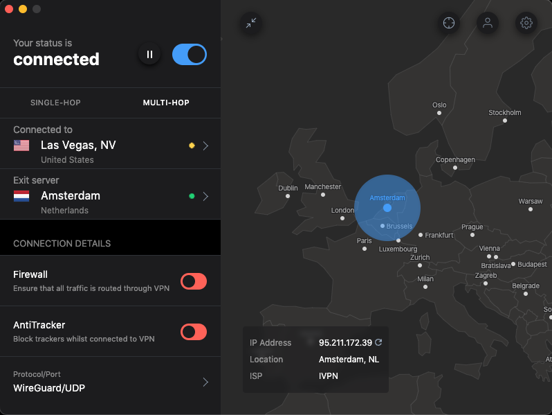IVPN desktop app interface with map